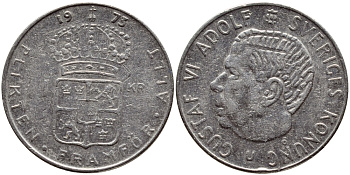 Швеция 1 крона 1973 Густав VI Адольф (1950-1973) KM 826а медь плакированная медно-никелем 4395-216