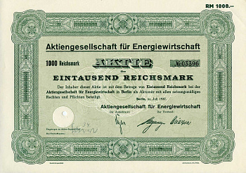 Германия 1000 рейхсмарок 1937 АО Энергетики, поставщик электроэнергии, Берлин, акция   бумага  8801-30-1