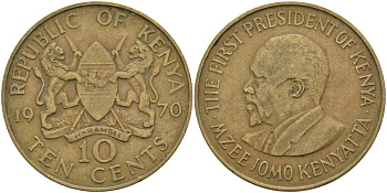 Кения 10 центов 1970 Джомо Кениата KM 11 никель латунь 4590-1036