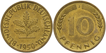ФРГ 10 пфеннигов 1950 J J. 383, KM 108 сталь плакированная латунью    4603-323