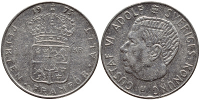 Швеция 1 крона 1973 Густав VI Адольф (1950-1973) KM 826а медь плакированная медно-никелем 4395-216