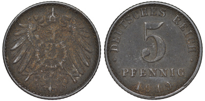 ГЕРМАНИЯ 5 ПФЕННИГОВ 1919 A KM 19, J. 297 железо 45-1164