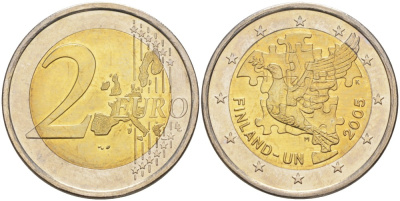 Финляндия 2 евро 2005 60 лет ООН, 50 лет членству Финляндии в ООН, голубь мира KM 119 биметалл UNC 4681-617