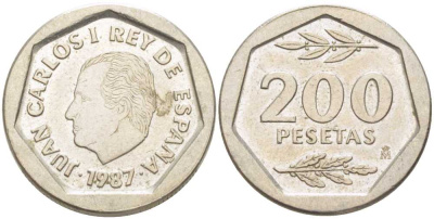 ИСПАНИЯ 200 ПЕСЕТ 1987 ХУАН КАРЛОС I (1975-) KM 829 медно-никель 210-915