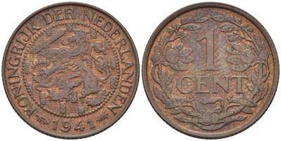 НИДЕРЛАНДЫ 1 ЦЕНТ 1941 ВИЛЬГЕЛЬМИНА (1890-1948) KM 152 бронза 39-113