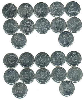 КАНАДА 12 МОНЕТ ПО 25 ЦЕНТОВ 2007-2009 ОЛИМПИАДА ВАНКУВЕР 2010 никель UNC 540-811