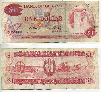 ГАЙАНА 1 ДОЛЛАР 1966-1992 ПОДПИСЬ 4 Pick 21b бумага 7551-25-3-1