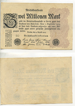 Германия 2000000 марок 1923 9 августа 1923, водяной знак Е, G/D в звездах, серия SO Pick 104a, Rosenberg 103a бумага 7217-69-3-2