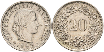 Швейцария 20 раппенов 1969 В KM 29а медно-никель 4592-917