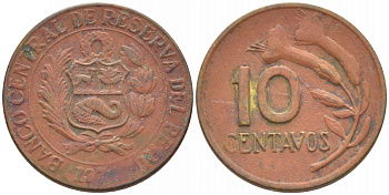 ПЕРУ 10 СЕНТАВО 19ХХ ЦВЕТОК KM 245.2 латунь 54-148