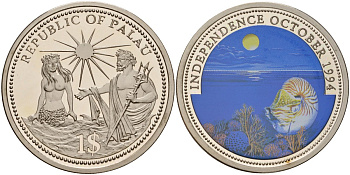 Палау 1 доллар 1994 моллюск и солнце над океаном KM 8 медно-никель UNC 00-000-00