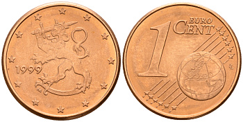 Финляндия 1 евроцент 1999  KM 98 сталь плакированная медью  UNC  4189-145
