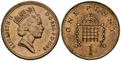 Великобритания 1 пенни 1988 Елизавета II (1952-2022) KM 935, Spink 4381 (B3) бронза 4176-617