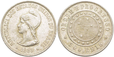 Бразилия 500 рейс 1889 Республика (1889-1942) KM 494 серебро 1519-1245