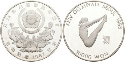 Южная Корея 10000 вон 1987 XXIV Летние Олимпийские игры в Сеуле 1988 года, прыжки в воду KM 57 серебро PROOF 1074-4-14