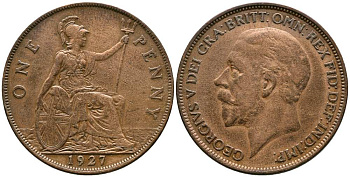 Великобритания 1 пенни 1927 Георг V (1910-1936) KM 826, Spink 4054 бронза 1518-734
