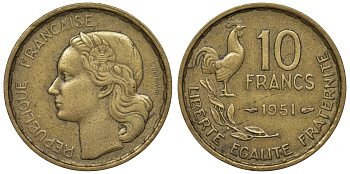 Франция 10 франков 1951 петух KM 915.1, Le Franc 363.4 алюминиевая бронза 4128-445