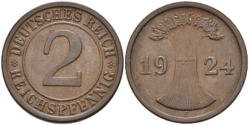 Германия 2 рейхспфеннига 1924 E KM 38, J.314, Weege 4 медь 4584-635