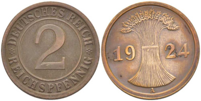 ГЕРМАНИЯ 2 РЕЙХСПФЕННИГA 1924 A KM 38, J. 314, Weege 4 бронза 206-866