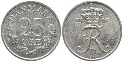 ДАНИЯ 25 ЭРЕ 1961 C; S, ФРЕДЕРИК IX (1947-1972) KM 850 медно-никель аUNC 34-525