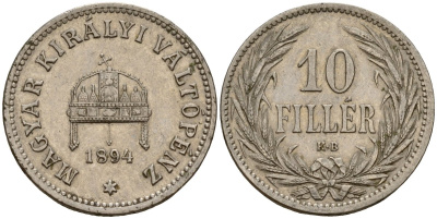 Венгрия 10 филлеров 1894 KB, Франц Иосиф I (1848-1916) KM 482 никель 4154-844