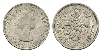 Великобритания 6 пенсов 1966 Елизавета II (1952-2022) KM 903, Spink 4149 медно-никель 192-149