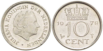 Нидерланды 10 центов 1978 Юлиана (1948-1980) КМ 182 никель 211-1236