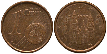 ИСПАНИЯ 1 ЕВРОЦЕНТ 1999 KM 1040 сталь плакированная медью 218-434