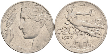 ИТАЛИЯ 20 ЧЕНТЕЗИМО 1920 R ВИКТОР ЭМАНУИЛ III KM 44 никель 4561-827