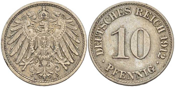 ГЕРМАНИЯ 10 ПФЕННИГОВ 1912 A KM 12, J. 13 медно-никель 33-121