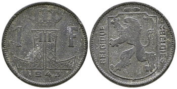 БЕЛЬГИЯ 1 ФРАНК 1943 BELGIQUE-BELGIE KM 127 цинк 177-1044