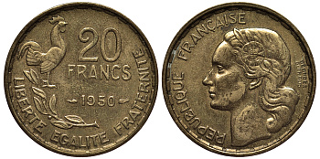 Франция 20 франков 1950 3 пера, полная подпись KM 916.1, LE FRANC 401.1 алюминиевая бронза 1530-811