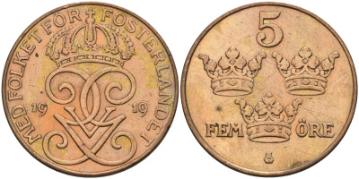 Швеция 5 эре 1919 Густав V (1907-1950) KM 779.2 бронза 4148-227