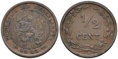 Нидерланды 1/2 цента 1903 Вильгельмина (1890-1948) KM 133 бронза    4169-233
