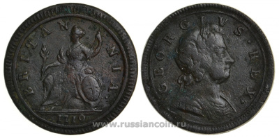 Великобритания 1/2 пенни 1719 Георг I (1714-1727) KM 557, Spink 3660 медь 413-6411