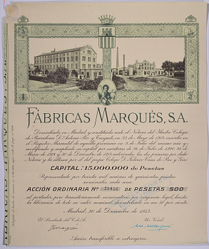 ИСПАНИЯ АЦИЯ НА 500 ПЕСЕТ 1953 FABRICAS MARQUES S.A., МАДРИД 1953 бумага 5544-2