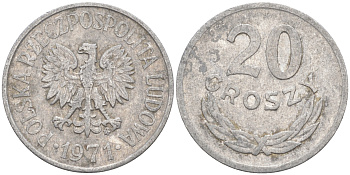 ПОЛЬША 20 ГРОШЕЙ 1971 MW KM А47 алюминий 106-443
