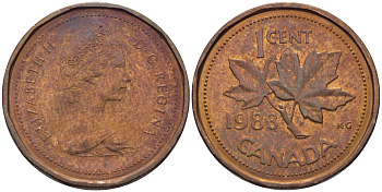 КАНАДА 1 ЦЕНТ 1983 ЕЛИЗАВЕТА II, КЛЕНОВЫЙ ЛИСТ KM 132 бронза 96-1269
