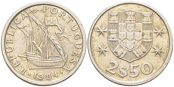 Португалия 2,5 эскудо 1984 парусник KM 590 медно-никель 4523-1116