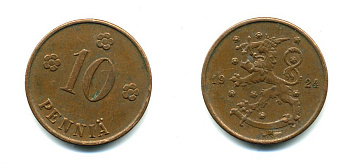 Финляндия 10 пенни 1924 республика (1918-1962) KM 24 медь 46-1061