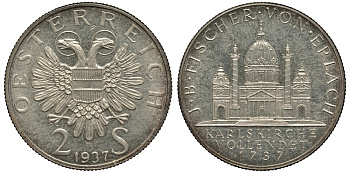 Австрия 2 шиллинга 1937 200 лет церкви Святого Чарльза в Вене KM 2859 серебро 413-6011