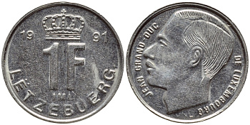 ЛЮКСЕМБУРГ 1 ФРАНК 1991 ВЕЛИКИЙ ГЕРЦОГ ЖАН KM 63 никель сталь 4396-1144