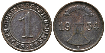 ГЕРМАНИЯ 1 РЕЙХСПФЕННИГ 1934 E KM 37, J. 313 бронза 39-1068