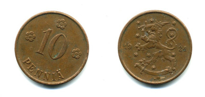 Финляндия 10 пенни 1924 республика (1918-1962) KM 24 медь 46-1061