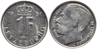 ЛЮКСЕМБУРГ 1 ФРАНК 1991 ВЕЛИКИЙ ГЕРЦОГ ЖАН KM 63 никель сталь 4396-1144