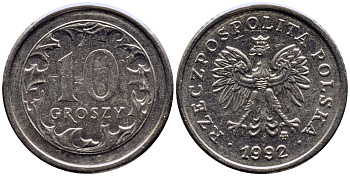 ПОЛЬША 10 ГРОШЕЙ 1992 MW KM 279 медно-никель 4381-614