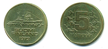 ФИНЛЯНДИЯ 5 МАРОК 1973 S, КОРАБЛЬ KM 53 алюминиевая бронза 3334-146