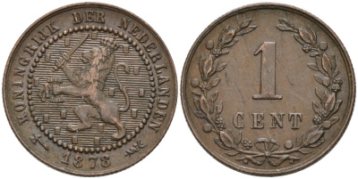 Нидерланды 1 цент 1878 Виллем III (1849-1890) KM 107 бронза 4576-547