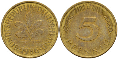 ФРГ 5 пфеннигов 1986 D J.382, KM 107 сталь плакированная латунью    4598-1047