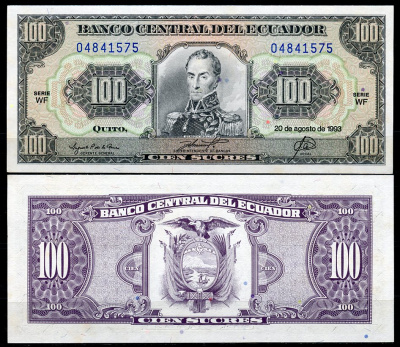 Эквадор 100 сукре 1993 Симон Боливар, 20 августа, серия WF Pick 123А b  бумага  UNC (пресс) 449-93-1
